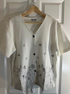 Nina St Claire Embroidered Floral Button-Up Knit Top